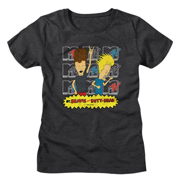 Beavis And Butthead-Logos-Dark Gray Heather Ladies S/S T-Shirt - Dark Gray Heather