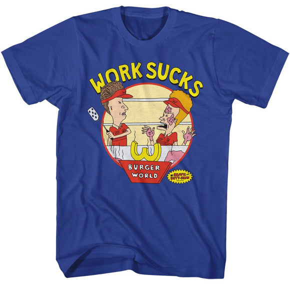 Beavis And Butthead-Work Sucks-Royal Adult S/S T-Shirt - Royal