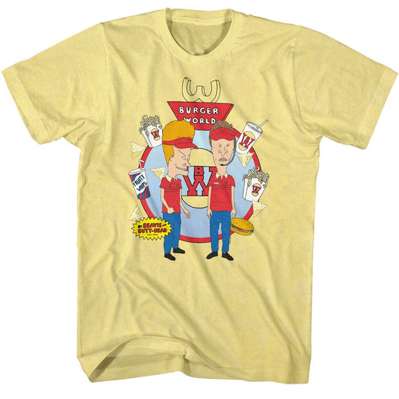 Beavis And Butthead-Burger World-Yellow Heather Adult S/S T-Shirt - Yellow Heather