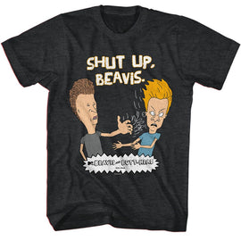 Beavis And Butthead-Shut Up Beavis-Black Heather Adult S/S T-Shirt - Black Heather