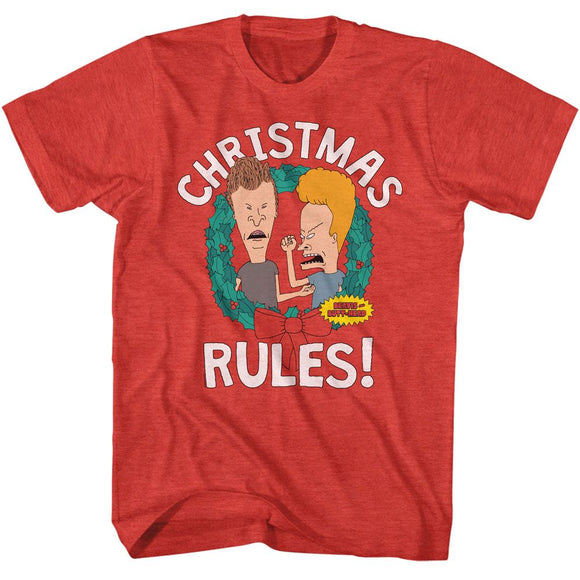 Beavis And Butthead-Christmas Rules-Red Heather Adult S/S T-Shirt - Red Heather