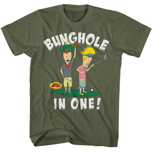 Beavis And Butthead-Beavis And Butthead Bunghole In One-Military Green Adult S/S T-Shirt - Military Green