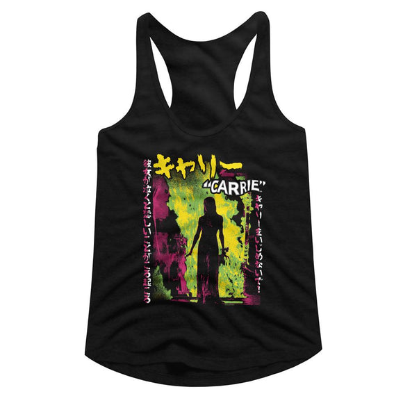 Carrie-Carrie Neon Fire Japanese Text-Black Ladies Slimfit Racerback-S - Black
