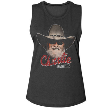 Charlie Daniels Band-Cdb Smiling Charlie-Charcoal Ladies Na Muscle Tank-S - Charcoal