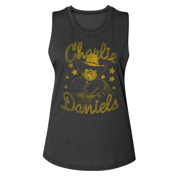 Charlie Daniels Band-Cdb And Stars-Charcoal Ladies Muscle Tank-S - Charcoal