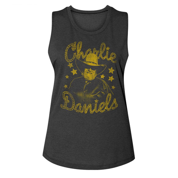 Charlie Daniels Band-Cdb And Stars-Charcoal Ladies Muscle Tank-S - Charcoal