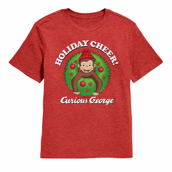 Curious George Winter Cheers Red Heather Youth T-Shirt
