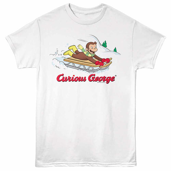 Curious George Sled White Adult T-Shirt