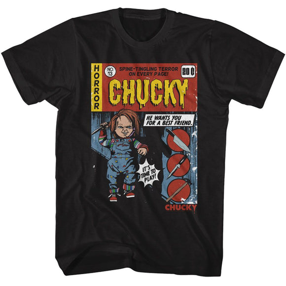 Chucky-Chucky Comic-Black Adult S/S T-Shirt - Black