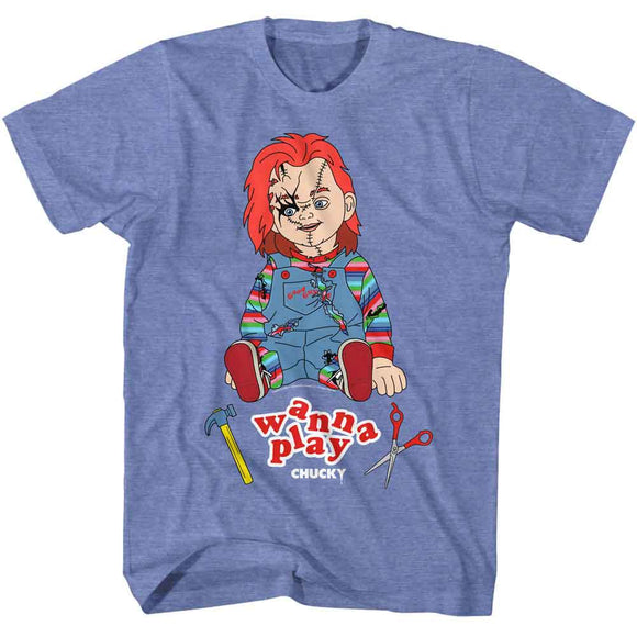 Chucky-Chucky Wanna Play-Light Blue Heather Adult S/S T-Shirt - Light Blue Heather