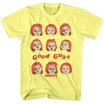 Chucky-Chucky Good Guys Faces-Yellow Heather Adult S/S T-Shirt - Yellow Heather