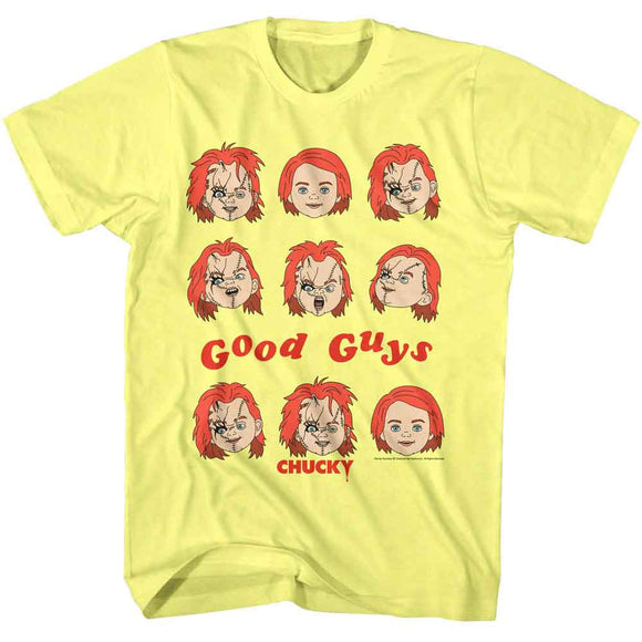 Chucky-Chucky Good Guys Faces-Yellow Heather Adult S/S T-Shirt - Yellow Heather