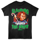 Chucky-Chucky Slashing Through The Snow-Black Adult S/S T-Shirt - Black