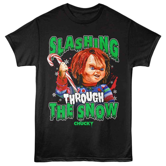 Chucky-Chucky Slashing Through The Snow-Black Adult S/S T-Shirt - Black