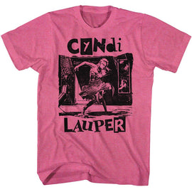Cyndi Lauper-Cyndi Lauper Torn Note Dance-Retro Pink Heather Adult S/S T-Shirt - Retro Pink Heather