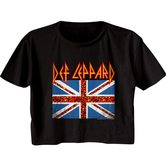 Def Leppard-Leopard Flag-Black Ladies S/S Festival Cali Crop-S - Black