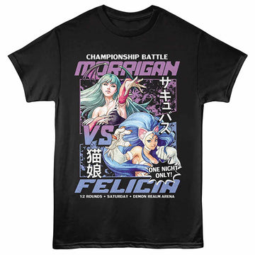Darkstalkers Morrigan Vs Felicia Black Adult T-Shirt