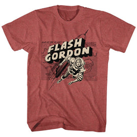 Flash Gordon-Map/Rocket/Flash-Red Heather Adult S/S T-Shirt - Red Heather