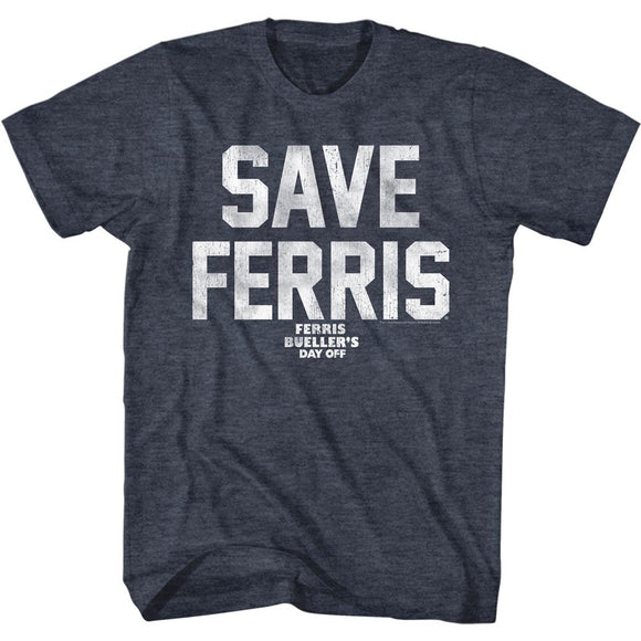 Ferris Beullers Day Off-Save Ferris Wht Ink-Navy Heather Adult S/S T-Shirt - Navy Heather