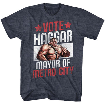 Final Fight-Vote Haggar-Navy Heather Adult S/S T-Shirt - Navy Heather