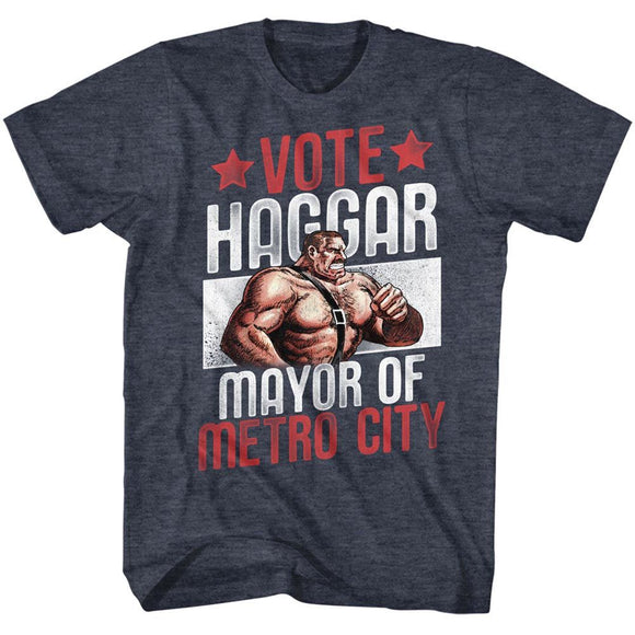 Final Fight-Vote Haggar-Navy Heather Adult S/S T-Shirt - Navy Heather