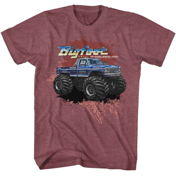 Bigfoot-Bigfoot Splatter Background-Vintage Maroon Heather Adult S/S T-Shirt - Vintage Maroon Heather