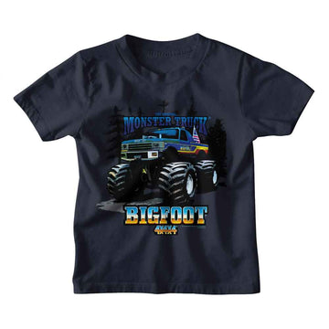 Bigfoot-Bigfoot Truck And Trees-Navy Youth S/S T-Shirt (7-8) - Navy