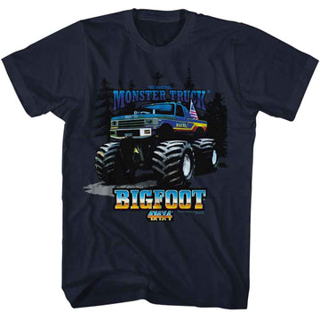 Bigfoot-Bigfoot Truck And Trees-Navy Adult S/S T-Shirt - Navy