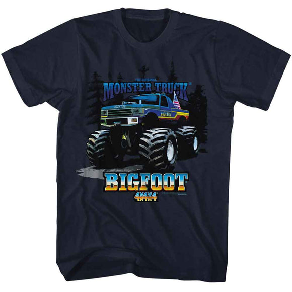 Bigfoot-Bigfoot Truck And Trees-Navy Adult S/S T-Shirt - Navy