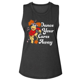 Fraggle Rock-Dance Your Cares Away-Charcoal Ladies Muscle Tank-S - Charcoal