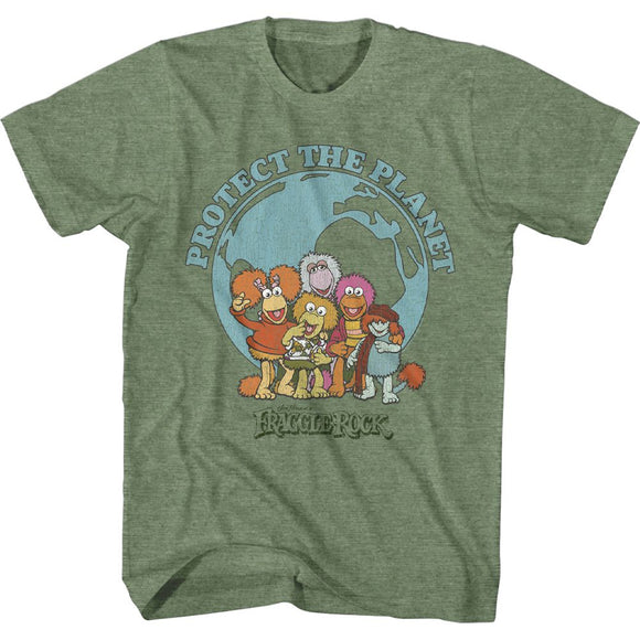 Fraggle Rock-Save The Planet-Military Green Heather Adult S/S T-Shirt - Military Green Heather