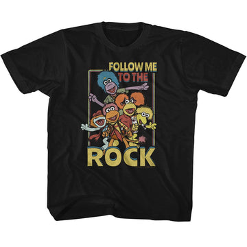Fraggle Rock-Fraggle Rock Follow Me To The Rock-Black Youth S/S T-Shirt-Xs (5-6) - Black