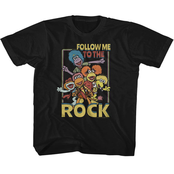 Fraggle Rock-Fraggle Rock Follow Me To The Rock-Black Youth S/S T-Shirt-Xs (5-6) - Black