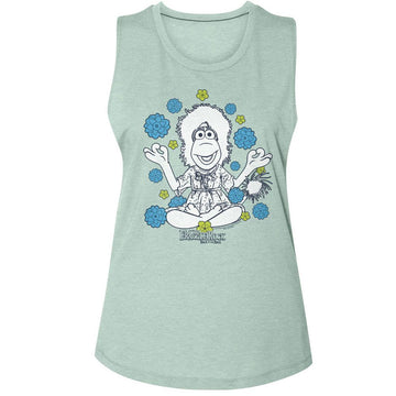 Fraggle Rock-Fraggle Rock Mokey And Flowers-Stonewash Green Ladies Muscle Tank-S - Stonewash Green