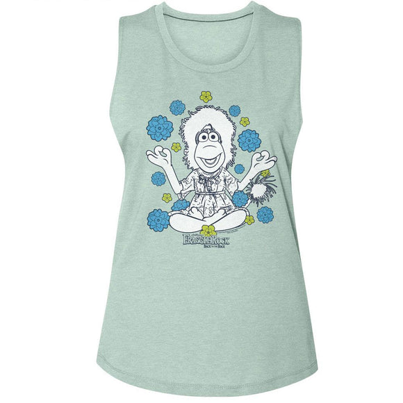 Fraggle Rock-Fraggle Rock Mokey And Flowers-Stonewash Green Ladies Muscle Tank-S - Stonewash Green