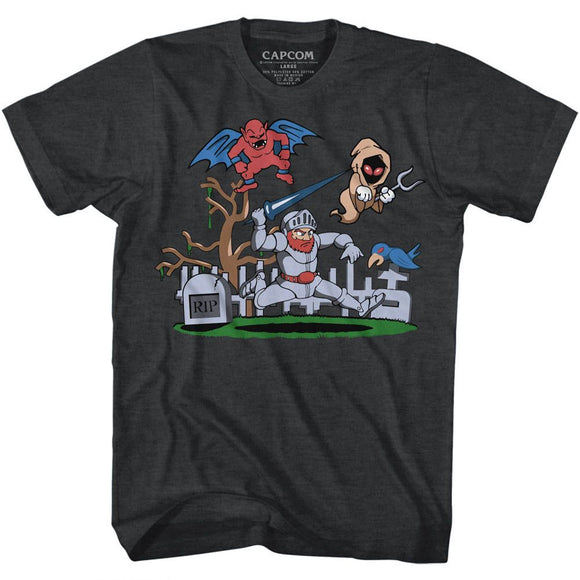 Ghostn Goblins-Graveyard-Black Heather Adult S/S T-Shirt - Black Heather