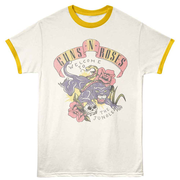 Guns N Roses Tattoo Style Jungle Vintage White Mellow Yellow Ringer Adult T-Shirt
