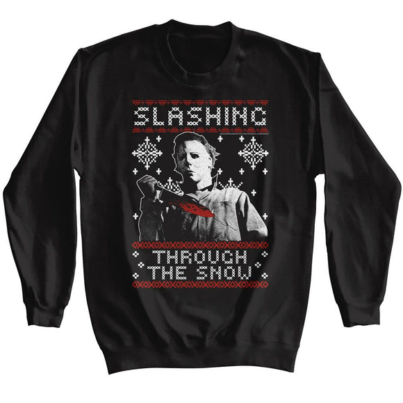 Halloween-Halloween Slashing Thru The Snow-Black Adult L/S Sweatshirt-S - Black