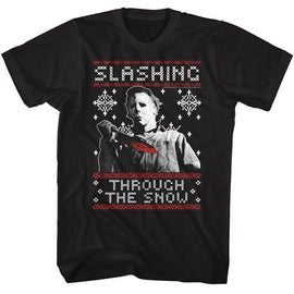 Halloween-Halloween Slashing Thru The Snow-Black Adult S/S T-Shirt S - Black