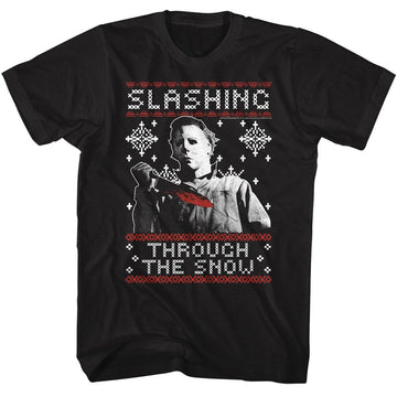 Halloween-Halloween Slashing Thru The Snow-Black Adult S/S T-Shirt S - Black