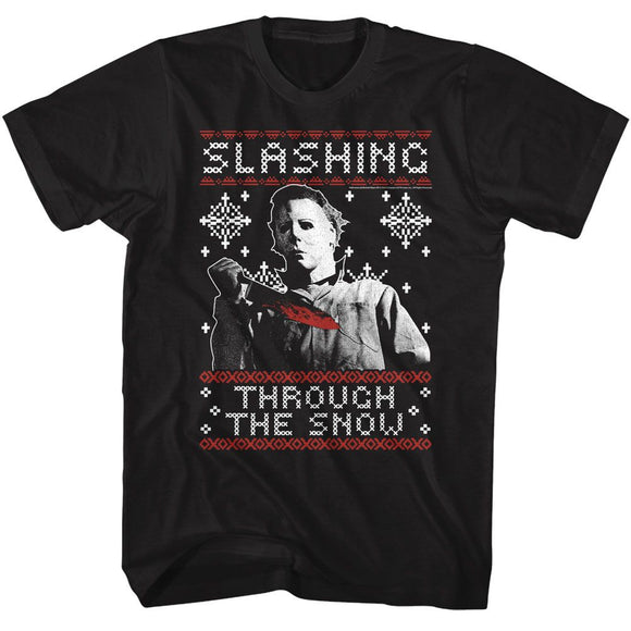 Halloween-Halloween Slashing Thru The Snow-Black Adult S/S T-Shirt S - Black