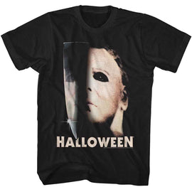 Halloween-Halloween Half Mask And Knife-Black Adult S/S T-Shirt - Black