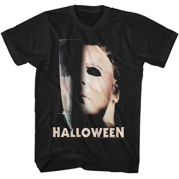Halloween-Halloween Half Mask And Knife-Black Adult S/S T-Shirt - Black