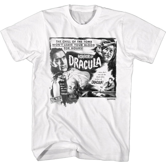 Hammer Horror-Bw Horror Of Dracula-White Adult S/S T-Shirt - White