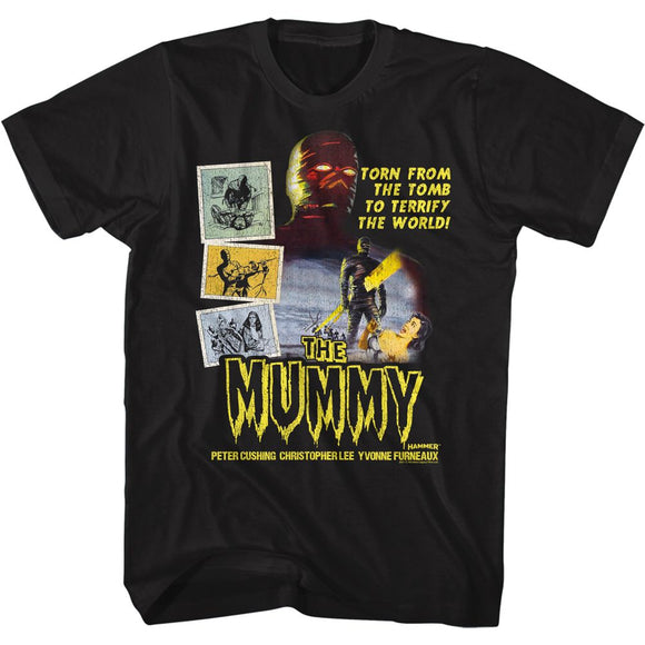 Hammer Horror-Mummy With Photographs-Black Adult S/S T-Shirt - Black
