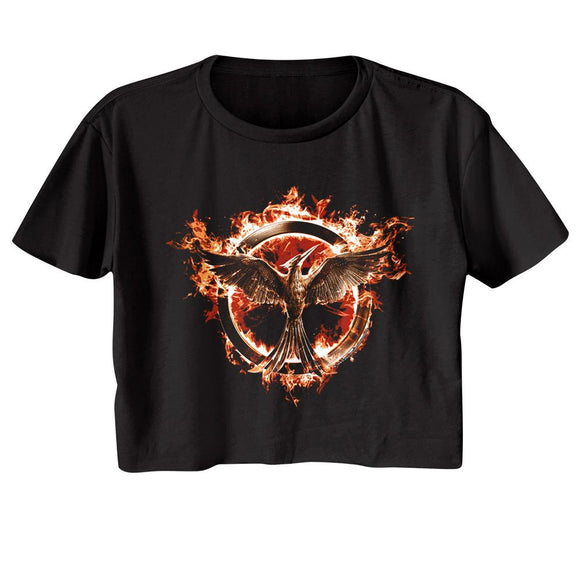 Hunger Games-Hunger Games Flaming Mockingjay-Black Ladies S/S Festival Cali Crop-S - Black