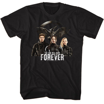 Hunger Games-Hunger Games Fire Will Burn Forever-Black Adult S/S T-Shirt - Black
