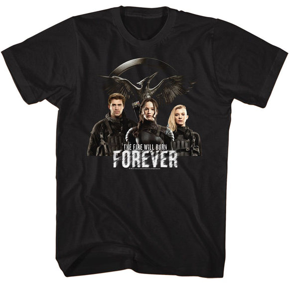 Hunger Games-Hunger Games Fire Will Burn Forever-Black Adult S/S T-Shirt - Black