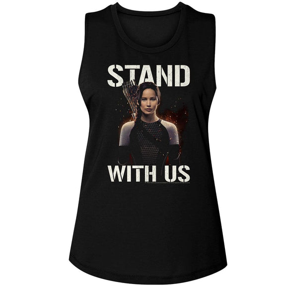 Hunger Games-Hunger Games Stand With Us Katniss-Black Ladies Muscle Tank-S - Black