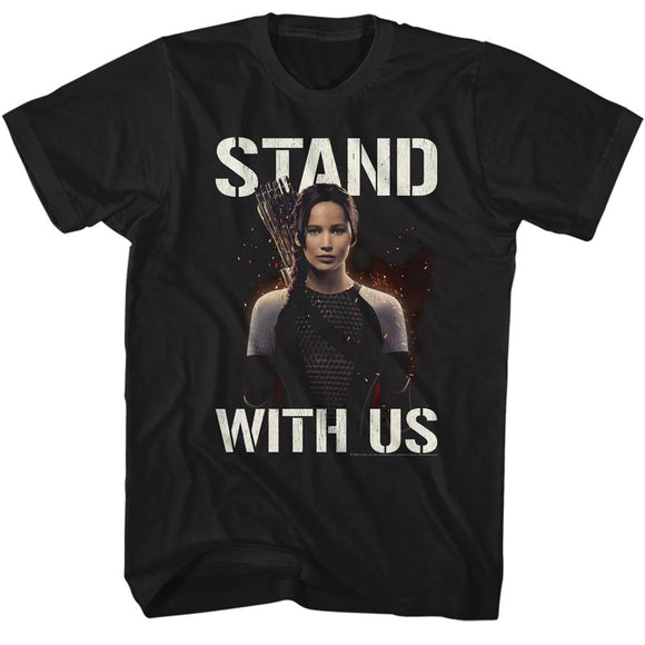 Hunger Games-Hunger Games Stand With Us Katniss-Black Adult S/S T-Shirt - Black